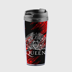 Термокружка-непроливайка с принтом QUEEN. в городе Новоалтайск, внутренняя часть — пищевой пластик, наружная часть — прозрачный пластик, между ними — полиграфическая вставка с рисунком | объем — 350 мл, герметичная крышка | Тематика изображения на принте: queen | британская рок группа | квин | куин | кьюин | мистер робот | музыка | рами малек | рок | рок музыка | фредди меркьюри