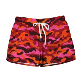 Женские шорты 3D с принтом CAMOUFLAGE RED в городе Новоалтайск, 100% полиэстер | прямой крой, два кармана без застежек по бокам. Мягкая трикотажная резинка на поясе, внутри которой широкие завязки. Длина до середины бедра | camouflage | армия | военная форма | военный | вооружение | вооруженные силы | защита | защитный цвет | камуфляж | красный | маскировка | солдат | униформа | форма