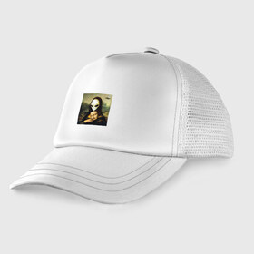 Детская кепка тракер с принтом Mona Lisa в городе Новоалтайск, Козырек - 100% хлопок. Кепка - 100% полиэстер, Задняя часть - сетка | универсальный размер, пластиковая застёжка | alien | da | gioconda | la | leonardo | lisa | mona | renaissance | smile | ufo | vinci | винчи | да | джоконда | инопланетянин | леонардо | лиза | мона | нло | ренессанс | улыбка