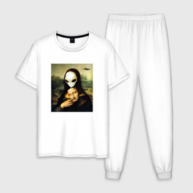 Мужская пижама хлопок с принтом Mona Lisa в городе Новоалтайск, 100% хлопок | брюки и футболка прямого кроя, без карманов, на брюках мягкая резинка на поясе и по низу штанин
 | alien | da | gioconda | la | leonardo | lisa | mona | renaissance | smile | ufo | vinci | винчи | да | джоконда | инопланетянин | леонардо | лиза | мона | нло | ренессанс | улыбка