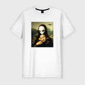 Мужская футболка хлопок Slim с принтом Mona Lisa в городе Новоалтайск, 92% хлопок, 8% лайкра | приталенный силуэт, круглый вырез ворота, длина до линии бедра, короткий рукав | Тематика изображения на принте: alien | da | gioconda | la | leonardo | lisa | mona | renaissance | smile | ufo | vinci | винчи | да | джоконда | инопланетянин | леонардо | лиза | мона | нло | ренессанс | улыбка
