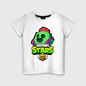 Детская футболка хлопок с принтом BRAWL STARS SPIKE в городе Новоалтайск, 100% хлопок | круглый вырез горловины, полуприлегающий силуэт, длина до линии бедер | bibi | brawl stars | coach mike | crow | leon | leon shark | max | mecha crow | mr.p | phoenix | sally leon | spike | sprout | unicorn | virus 8 bit | werewolf | ворон | оборотень | пингвин