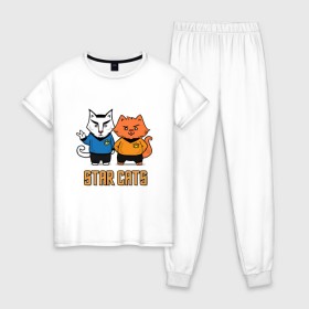 Женская пижама хлопок с принтом Star Cats в городе Новоалтайск, 100% хлопок | брюки и футболка прямого кроя, без карманов, на брюках мягкая резинка на поясе и по низу штанин | animal | cat | cute | kitty | meow | друг | животные | киска | китти | кот | котенок | котик | кошечка | кошка | лев | леопард | милый | мур | мяу | пантера | питомец | рысь | тигр | улыбка