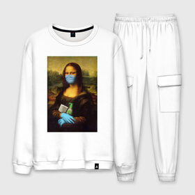 Мужской костюм хлопок с принтом Mona Lisa в городе Новоалтайск, 100% хлопок | на свитшоте круглая горловина, мягкая резинка по низу. Брюки заужены к низу, на них два вида карманов: два “обычных” по бокам и два объемных, с клапанами, расположенные ниже линии бедра. Брюки с мягкой трикотажной резинкой на поясе и по низу штанин. В поясе для дополнительного комфорта — широкие завязки | Тематика изображения на принте: coronavirus | da | gioconda | gloves | la | leonardo | lisa | mask | mona | renaissance | smile | vinci | virus | винчи | вирус | да | джоконда | леонардо | лиза | маска | мона | ренессанс | улыбка
