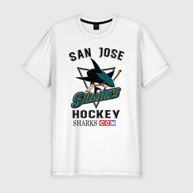 Мужская футболка хлопок Slim с принтом SAN JOSE SHARKS в городе Новоалтайск, 92% хлопок, 8% лайкра | приталенный силуэт, круглый вырез ворота, длина до линии бедра, короткий рукав | hockey | nhl | san jose | sharks | sport | usa | акулы | надпись | нхл | сан хосе | символы | сообщение | спорт | сша | текст | фраза | хоккей | цитаты | шайбу