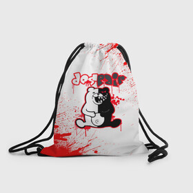 Рюкзак-мешок 3D с принтом MONOKUMA в крови в городе Новоалтайск, 100% полиэстер | плотность ткани — 200 г/м2, размер — 35 х 45 см; лямки — толстые шнурки, застежка на шнуровке, без карманов и подкладки | Тематика изображения на принте: ahegao | danganronpa | monokuma | senpai | аниме | монокума | надпись | прикольные картинки | прикольные надписи | сердце | я люблю аниме