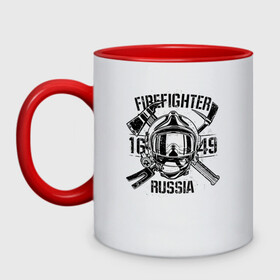 Кружка двухцветная с принтом FIREFIGHTER RUSSIA в городе Новоалтайск, керамика | объем — 330 мл, диаметр — 80 мм. Цветная ручка и кайма сверху, в некоторых цветах — вся внутренняя часть | 112 | 23 февраля | 27 декабря | firefighter | герб | гкчс | знак | лого | логотип | министерство | мчс | мчс россии | мчсник | по чрезв | пожарная охрана | пожарник | пожарный | пч | россии | рф | символ | ситуации