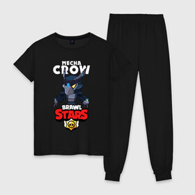 Женская пижама хлопок с принтом B S MECHA CROW в городе Новоалтайск, 100% хлопок | брюки и футболка прямого кроя, без карманов, на брюках мягкая резинка на поясе и по низу штанин | bibi | brawl stars | coach mike | crow | leon | leon shark | max | mecha crow | mr.p | phoenix | sally leon | spike | sprout | tara | unicorn | virus 8 bit | werewolf | ворон | оборотень
