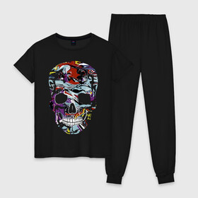 Женская пижама хлопок с принтом Skull в городе Новоалтайск, 100% хлопок | брюки и футболка прямого кроя, без карманов, на брюках мягкая резинка на поясе и по низу штанин | color | fashion | grin | jaw | orbits | paint | skull | teeth | vanguard | глазницы | зубы | краска | мода | оскал | пасть | цвет | череп