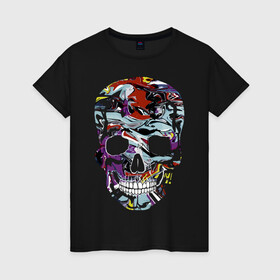 Женская футболка хлопок с принтом Skull в городе Новоалтайск, 100% хлопок | прямой крой, круглый вырез горловины, длина до линии бедер, слегка спущенное плечо | color | fashion | grin | jaw | orbits | paint | skull | teeth | vanguard | глазницы | зубы | краска | мода | оскал | пасть | цвет | череп