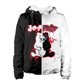 Женская куртка 3D с принтом MONOKUMA в городе Новоалтайск, ткань верха — 100% полиэстер, подклад — флис | прямой крой, подол и капюшон оформлены резинкой с фиксаторами, два кармана без застежек по бокам, один большой потайной карман на груди. Карман на груди застегивается на липучку | anime | bear | black  white | danganronpa | kurokuma | monodam | monokuma | monomi | monotaro | pink | rabbit | school | shirokuma | аниме | главарь | мoноми | монокума | черно белый | школа