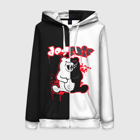 Женская толстовка 3D на молнии с принтом MONOKUMA в городе Новоалтайск, 100% полиэстер | длина до линии бедра, манжеты и пояс оформлены мягкой тканевой резинкой, двухслойный капюшон со шнурком для регулировки, спереди молния, по бокам два кармана | anime | bear | black  white | danganronpa | kurokuma | monodam | monokuma | monomi | monotaro | pink | rabbit | school | shirokuma | аниме | главарь | мoноми | монокума | черно белый | школа