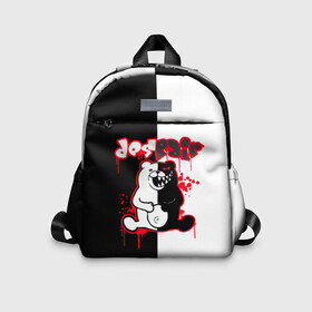 Детский рюкзак 3D с принтом monokuma в крови на чернобелом в городе Новоалтайск, 100% полиэстер | лямки с регулируемой длиной, сверху петелька, чтобы рюкзак можно было повесить на вешалку. Основное отделение закрывается на молнию, как и внешний карман. Внутри дополнительный карман. По бокам два дополнительных кармашка | Тематика изображения на принте: anime | bear | black  white | danganronpa | kurokuma | monodam | monokuma | monomi | monotaro | pink | rabbit | school | shirokuma | аниме | главарь | мoноми | монокума | черно белый | школа