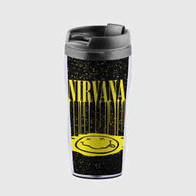 Термокружка-непроливайка с принтом Nirvana в городе Новоалтайск, внутренняя часть — пищевой пластик, наружная часть — прозрачный пластик, между ними — полиграфическая вставка с рисунком | объем — 350 мл, герметичная крышка | Тематика изображения на принте: bleach | blew | cobain | dave | geffen | hormoaning | in utero | incesticide | krist | kurt | nevermind | nirvana | novoselic | rock | vevo | геффен | курт кобейн | нирвана | рок