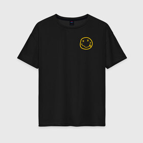 Женская футболка хлопок Oversize с принтом NIRVANA (НА СПИНЕ) в городе Новоалтайск, 100% хлопок | свободный крой, круглый ворот, спущенный рукав, длина до линии бедер
 | america | nirvana | smile | usa | америка | курт кобейн | нирвана | смайл | сша