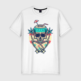 Мужская футболка хлопок Slim с принтом Skull Summer в городе Новоалтайск, 92% хлопок, 8% лайкра | приталенный силуэт, круглый вырез ворота, длина до линии бедра, короткий рукав | Тематика изображения на принте: art | cocktail | palm | skull | surfboards | umbrella | арт | доски для серфинга | зонтик | коктейль | пальмы | череп