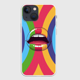 Чехол для iPhone 13 mini с принтом Радужные губы | Rainbow lips в городе Новоалтайск,  |  | вписка | губы | зубы | клуб | пафос | пафосная | поцелуй | радуга | радужно | рот | сочность | сочные | туса | тусовка | улыбка | язык