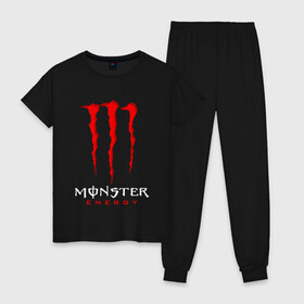 Женская пижама хлопок с принтом MONSTER ENERGY в городе Новоалтайск, 100% хлопок | брюки и футболка прямого кроя, без карманов, на брюках мягкая резинка на поясе и по низу штанин | black monster | bmx | claw | cybersport | energy | monster | monster energy | moto | motocross | race | sport | киберспорт | когти | монстер энерджи | монстр | мото | мотокросс | ралли | скейтбординг | спорт | т | энергия