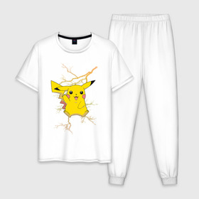 Мужская пижама хлопок с принтом Pikachu в городе Новоалтайск, 100% хлопок | брюки и футболка прямого кроя, без карманов, на брюках мягкая резинка на поясе и по низу штанин
 | Тематика изображения на принте: anime | pikachu | pokemon | pokemon logo | аниме | анимэ | пика | пикачу | покемон | покемон постер | эш и пикачу | эш кетчум | япония | японский