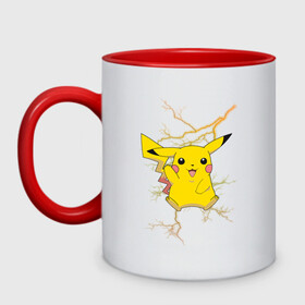 Кружка двухцветная с принтом Pikachu в городе Новоалтайск, керамика | объем — 330 мл, диаметр — 80 мм. Цветная ручка и кайма сверху, в некоторых цветах — вся внутренняя часть | Тематика изображения на принте: anime | pikachu | pokemon | pokemon logo | аниме | анимэ | пика | пикачу | покемон | покемон постер | эш и пикачу | эш кетчум | япония | японский