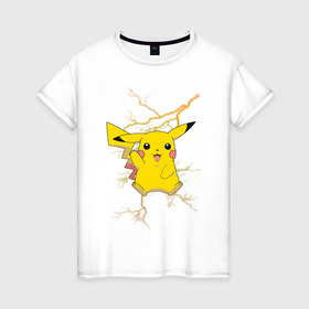 Женская футболка хлопок с принтом Pikachu в городе Новоалтайск, 100% хлопок | прямой крой, круглый вырез горловины, длина до линии бедер, слегка спущенное плечо | anime | pikachu | pokemon | pokemon logo | аниме | анимэ | пика | пикачу | покемон | покемон постер | эш и пикачу | эш кетчум | япония | японский