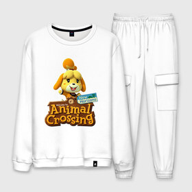 Мужской костюм хлопок с принтом Animal Crossing Isabelle в городе Новоалтайск, 100% хлопок | на свитшоте круглая горловина, мягкая резинка по низу. Брюки заужены к низу, на них два вида карманов: два “обычных” по бокам и два объемных, с клапанами, расположенные ниже линии бедра. Брюки с мягкой трикотажной резинкой на поясе и по низу штанин. В поясе для дополнительного комфорта — широкие завязки | animal crossing | isabelle | nintendo | детская | женская | игра | изабель | изабэль | мультик | мультяшный | нинтендо | рисованный | рисунок | собака | собачка | энимал кроссинг