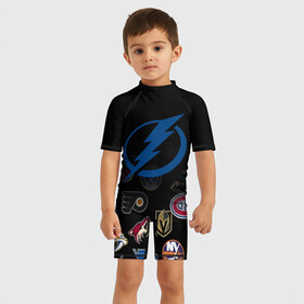 Детский купальный костюм 3D с принтом NHL Tampa Bay Lightning (Z) в городе Новоалтайск, Полиэстер 85%, Спандекс 15% | застежка на молнии на спине | anaheim ducks | arizona coyotes | boston bruins | buffalo sabres | canadiens de montreal | carolina hurricanes | chicago blackhawks | colorado | hockey | nhl | tampa bay lightning | нхл | паттерн | спорт | хоккей