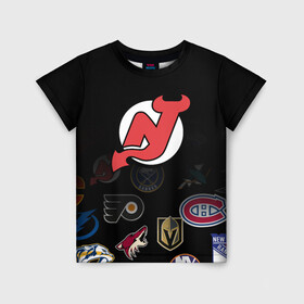 Детская футболка 3D с принтом NHL New Jersey Devils (Z) в городе Новоалтайск, 100% гипоаллергенный полиэфир | прямой крой, круглый вырез горловины, длина до линии бедер, чуть спущенное плечо, ткань немного тянется | anaheim ducks | arizona coyotes | boston bruins | buffalo sabres | calgary flames | carolina hurricanes | chicago blackhawks | colorado | hockey | new jersey devils | nhl | нхл | паттерн | спорт | хоккей