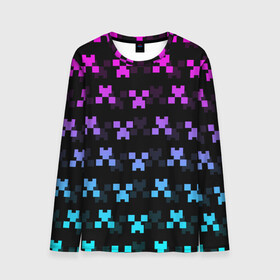 Мужской лонгслив 3D с принтом MINECRAFT CREEPER NEON в городе Новоалтайск, 100% полиэстер | длинные рукава, круглый вырез горловины, полуприлегающий силуэт | block | creeper | cube | minecraft | neon | pixel | блок | геометрия | крафт | крипер | кубики | майнкрафт | неон | пиксели