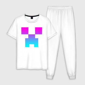 Мужская пижама хлопок с принтом MINECRAFT CREEPER NEON в городе Новоалтайск, 100% хлопок | брюки и футболка прямого кроя, без карманов, на брюках мягкая резинка на поясе и по низу штанин
 | block | creeper | cube | minecraft | pixel | блок | геометрия | крафт | крипер | кубики | майнкрафт | пиксели