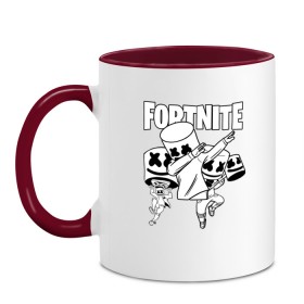 Кружка двухцветная с принтом FORTNITE x MARSHMELLO в городе Новоалтайск, керамика | объем — 330 мл, диаметр — 80 мм. Цветная ручка и кайма сверху, в некоторых цветах — вся внутренняя часть | Тематика изображения на принте: deadmau5 | fortnite | fortnite 2 | fortnite x маршмелло | ikonik | marshmello | ninja | ninja streamer | raven | travis scott | ворон | иконик | ниндзя | пили | рейвен | трэвис скотт | фортнайт