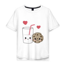 Мужская футболка хлопок Oversize с принтом Milk and Cookies Love в городе Новоалтайск, 100% хлопок | свободный крой, круглый ворот, “спинка” длиннее передней части | Тематика изображения на принте: coockie | friend | minimalism | дружба | любовь | минимализм | молоко | печенье | печенька | печеньки