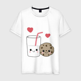 Мужская футболка хлопок с принтом Milk and Cookies Love в городе Новоалтайск, 100% хлопок | прямой крой, круглый вырез горловины, длина до линии бедер, слегка спущенное плечо. | Тематика изображения на принте: coockie | friend | minimalism | дружба | любовь | минимализм | молоко | печенье | печенька | печеньки