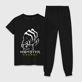 Женская пижама хлопок с принтом MONSTER ENERGY (Z) в городе Новоалтайск, 100% хлопок | брюки и футболка прямого кроя, без карманов, на брюках мягкая резинка на поясе и по низу штанин | black monster | bmx | claw | cybersport | energy | monster | monster energy | moto | motocross | race | sport | киберспорт | когти | монстер энерджи | монстр | мото | мотокросс | ралли | скейтбординг | спорт | т | энергия