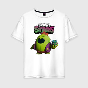 Женская футболка хлопок Oversize с принтом Brawl Stars Spike в городе Новоалтайск, 100% хлопок | свободный крой, круглый ворот, спущенный рукав, длина до линии бедер
 | brawl spike | brawl stars | spike | spike brawl | бравл кактус | бравл спайк | бравл старс | кактус | робоспайк | спайк | спайк бравл старс