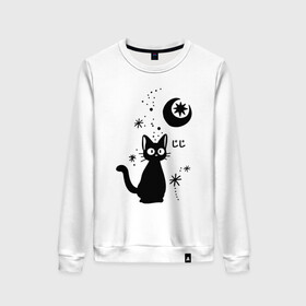 Женский свитшот хлопок с принтом Jiji Cat в городе Новоалтайск, 100% хлопок | прямой крой, круглый вырез, на манжетах и по низу широкая трикотажная резинка  | cat | jiji | kitty | аниме | ведьма | гибли | джиджи | животные | кот | котенок | кошка | миядзаки | мульт | мультфильм | тоторо
