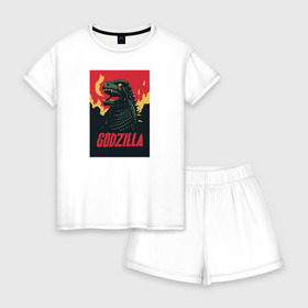 Женская пижама с шортиками хлопок с принтом Godzilla в городе Новоалтайск, 100% хлопок | футболка прямого кроя, шорты свободные с широкой мягкой резинкой | godzilla | годзила | годзилла