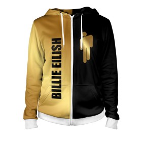 Женская толстовка 3D на молнии с принтом Billie Eilish Gold в городе Новоалтайск, 100% полиэстер | длина до линии бедра, манжеты и пояс оформлены мягкой тканевой резинкой, двухслойный капюшон со шнурком для регулировки, спереди молния, по бокам два кармана | billie eilish | billie eilish gold | bud guy | gold блонш | logo | айлиш | айлишь | билли | билли айлиш | блонч | блонш | золотой | золотой логотип | лого | логотип билли айлиш | человечек