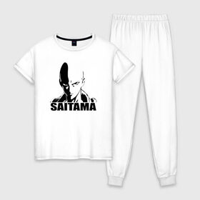 Женская пижама хлопок с принтом Saitama в городе Новоалтайск, 100% хлопок | брюки и футболка прямого кроя, без карманов, на брюках мягкая резинка на поясе и по низу штанин | one punch man | saitama | ванпанчмен | герои | люди | персонажи | сайтама