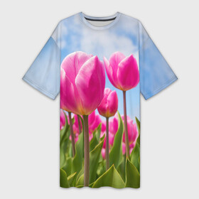 Платье-футболка 3D с принтом Розовые тюльпаны в городе Новоалтайск,  |  | flowers | бутоны | дача | девушке | женщинам | лепестки | летний | лето | листья | любимая | любовь | небесный | небо | нежный | облака | поляна | природа | растения | романтика | сад | синеенебо | солнечный