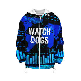 Детская куртка 3D с принтом Watch Dogs в городе Новоалтайск, 100% полиэстер | застежка — молния, подол и капюшон оформлены резинкой с фиксаторами, по бокам — два кармана без застежек, один потайной карман на груди, плотность верхнего слоя — 90 г/м2; плотность флисового подклада — 260 г/м2 | ded sec | game | name | ubisoft | watch dogs | watch dogs 2 | watch dogs legion | город | девушка | дрон | игры | имена | компьютеры | пистолет | телефон | технологии | хакер | юби