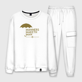 Мужской костюм хлопок с принтом Manners maketh man в городе Новоалтайск, 100% хлопок | на свитшоте круглая горловина, мягкая резинка по низу. Брюки заужены к низу, на них два вида карманов: два “обычных” по бокам и два объемных, с клапанами, расположенные ниже линии бедра. Брюки с мягкой трикотажной резинкой на поясе и по низу штанин. В поясе для дополнительного комфорта — широкие завязки | Тематика изображения на принте: kingsman | manners maketh man | кингсман