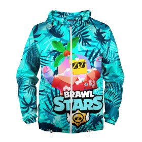 Мужская ветровка 3D с принтом BRAWL STARS TROPICAL SPROUT. в городе Новоалтайск, 100% полиэстер | подол и капюшон оформлены резинкой с фиксаторами, два кармана без застежек по бокам, один потайной карман на груди | Тематика изображения на принте: brawl stars | crow | gale | leon | leon shark | max | mr.p | sally leon | shark | sprout | tara | tropical sprout | virus 8 bit | werewolf leon | акула | берли | бравл старс | ворон | макс | оборотень