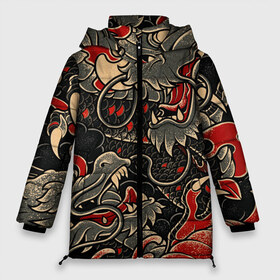 Женская зимняя куртка 3D с принтом Dsquared tatoo DRAGON в городе Новоалтайск, верх — 100% полиэстер; подкладка — 100% полиэстер; утеплитель — 100% полиэстер | длина ниже бедра, силуэт Оверсайз. Есть воротник-стойка, отстегивающийся капюшон и ветрозащитная планка. 

Боковые карманы с листочкой на кнопках и внутренний карман на молнии | disquared tatoo | disquared тату | dragon | japan | восток | дракон | знак | иероглифы | китай | надписи | символ | тату | татуировки | япония