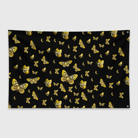 Флаг-баннер с принтом Golden Butterfly pattern в городе Новоалтайск, 100% полиэстер | размер 67 х 109 см, плотность ткани — 95 г/м2; по краям флага есть четыре люверса для крепления | black | pattern | summer | wings | ангел | бабочка | бабочки | блестки | блестящий | девушке | желтые | животные | звери | золото | золотые | крылья | летать | летний | лето | мотылек | насекомое | ночные | паттерн