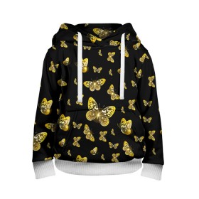 Детская толстовка 3D с принтом Golden Butterfly pattern в городе Новоалтайск, 100% полиэстер | двухслойный капюшон со шнурком для регулировки, мягкие манжеты на рукавах и по низу толстовки, спереди карман-кенгуру с мягким внутренним слоем | black | pattern | summer | wings | ангел | бабочка | бабочки | блестки | блестящий | девушке | желтые | животные | звери | золото | золотые | крылья | летать | летний | лето | мотылек | насекомое | ночные | паттерн