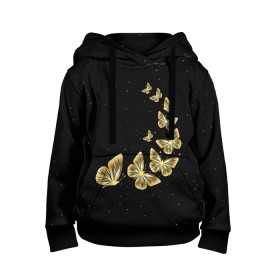 Детская толстовка 3D с принтом Golden Butterfly in Space в городе Новоалтайск, 100% полиэстер | двухслойный капюшон со шнурком для регулировки, мягкие манжеты на рукавах и по низу толстовки, спереди карман-кенгуру с мягким внутренним слоем | black | summer | wings | ангел | бабочка | бабочки | блестки | блестящий | девушке | желтые | животные | звезды | звери | золото | золотые | космос | крылья | летать | летний | лето | мотылек | насекомое | ночные
