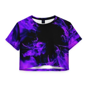 Женская футболка Crop-top 3D с принтом ФИОЛЕТОВЫЙ ОГОНЬ в городе Новоалтайск, 100% полиэстер | круглая горловина, длина футболки до линии талии, рукава с отворотами | bright | fire | flame | heat | light | wildfire | искры | огненный | огонь | пламя | пожар