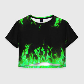 Женская футболка Crop-top 3D с принтом GREEN FIRE | ОГОНЬ в городе Новоалтайск, 100% полиэстер | круглая горловина, длина футболки до линии талии, рукава с отворотами | abstraction | bright | fire | geometry | hexagon | light | neon | paints | stripes | texture | triangle | абстракция | брызги | геометрия | искры | краски | неон | неоновый | огонь | соты | текстура