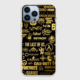 Чехол для iPhone 13 Pro Max с принтом ЛОГОТИПЫ ИГР ЗОЛОТО | GOLDEN в городе Новоалтайск,  |  | beyond good and evil | brawl stars | call of duty | cyberpunk 2077 | death stranding | detroit become human | fortnite | tes | the elder scrolls | war | киберпанк 2077 | масс эффект | фортнайт